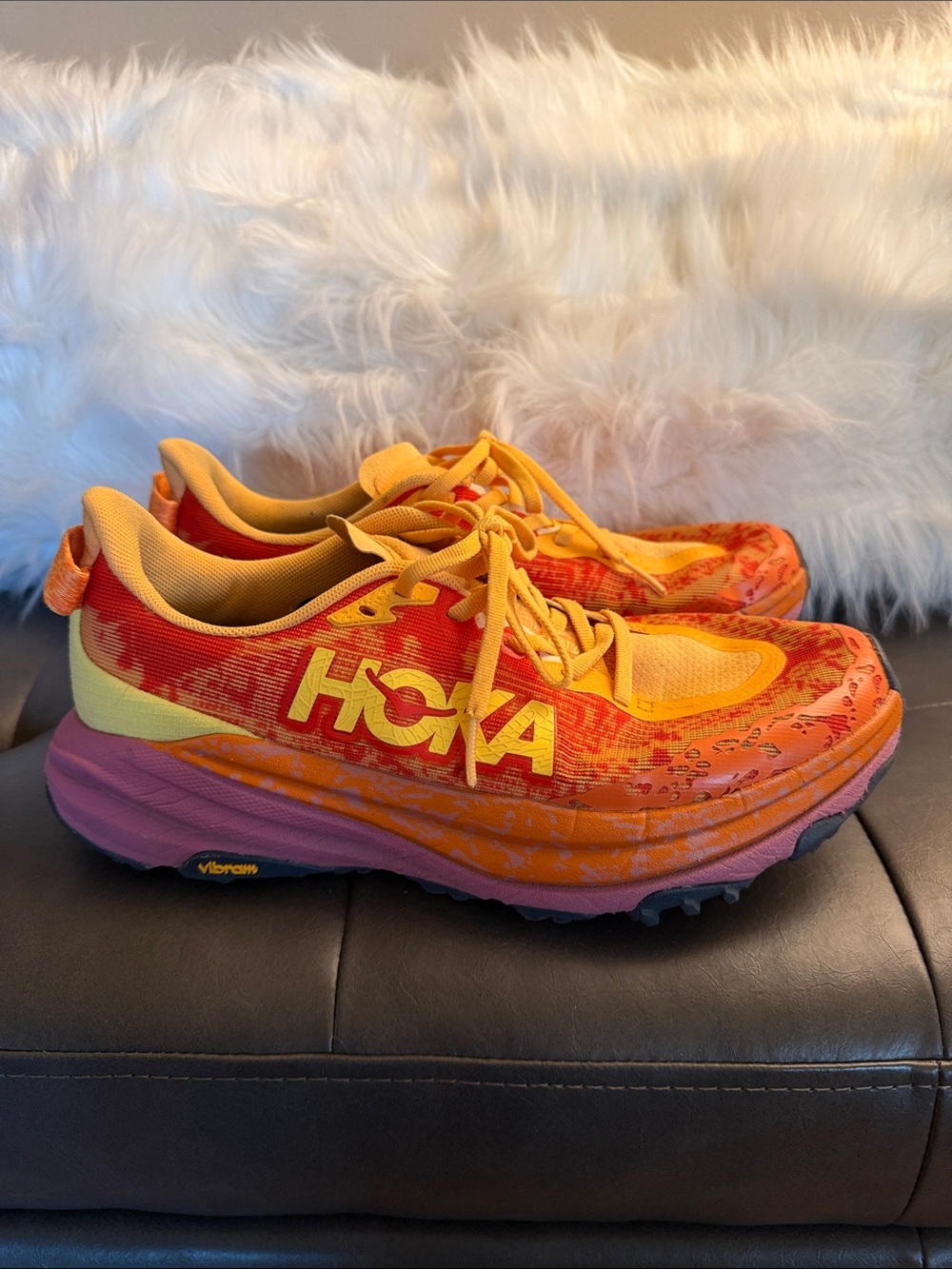 Hoka Speedgoat 6 Orange, Yellow & Pink Trail Sneakers 8.5 - Picture 2 of 8